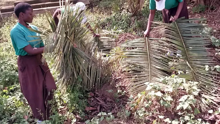 Students cleaning up the school grounds.